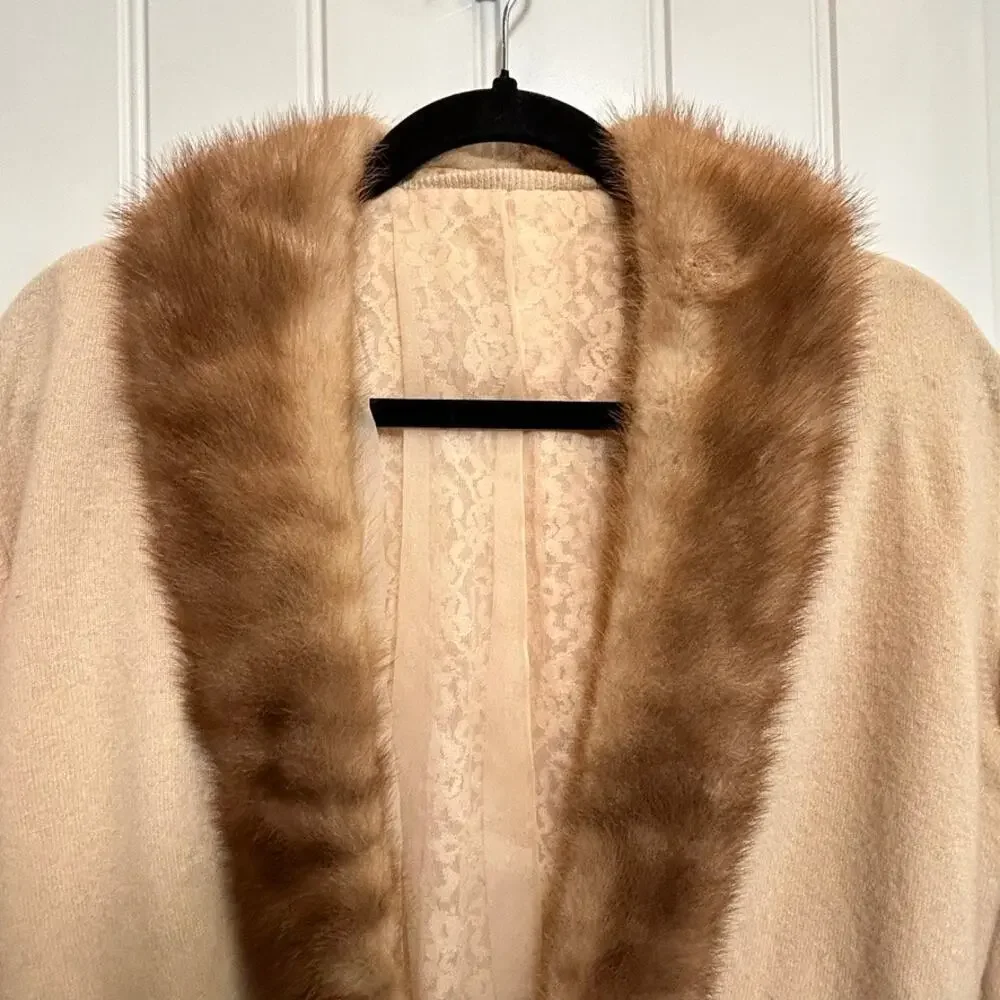 1950s Cashmere Cardigan Detachable Mink Fur Collar Rhinestone Clasp Glam SM - Picture 6 of 13